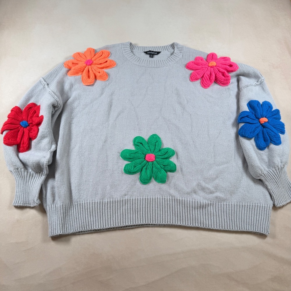 Davi & Dani 3XL Gray 3D Floral Applique Sweater Oversized Whimsical Boho